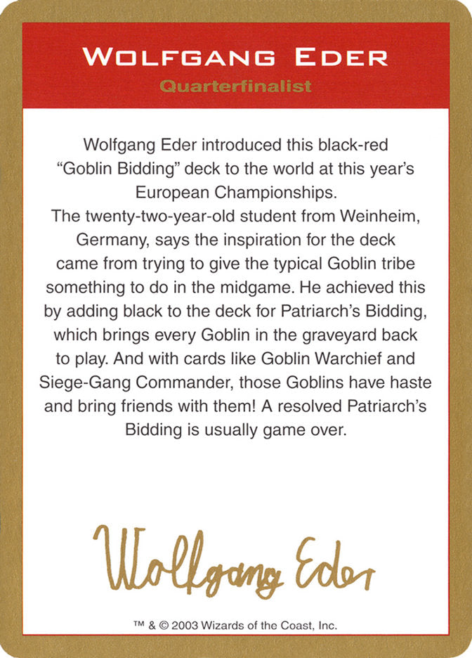 Wolfgang Eder Bio [World Championship Decks 2003] | Gam3 Escape