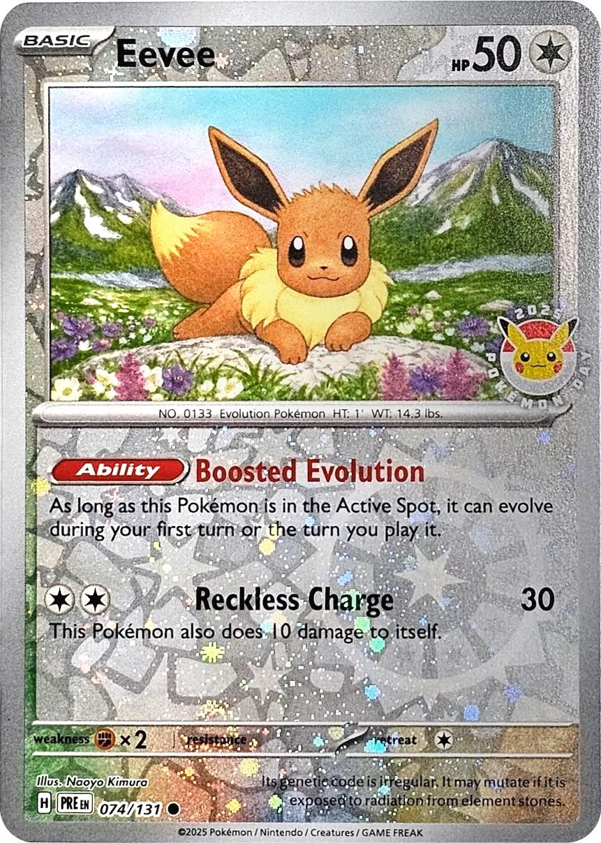 Eevee (074/131) (Pokemon Day 2025) (Reverse Cosmos Holo) [Scarlet & Violet: Prismatic Evolutions] | Gam3 Escape