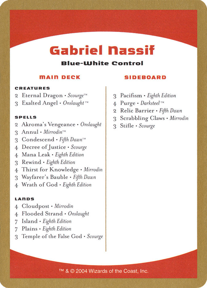 Gabriel Nassif Decklist [World Championship Decks 2004] | Gam3 Escape