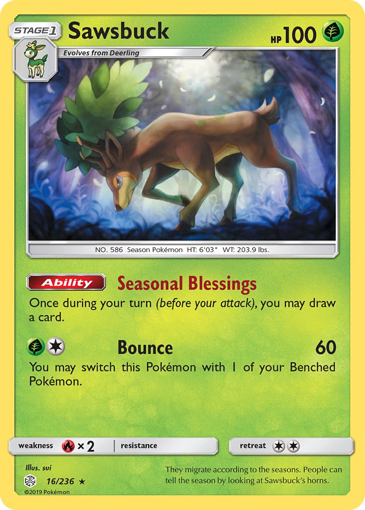 Sawsbuck (16/236) (Prerelease Kit Exclusive) (Theme Deck Exclusive) [Sun & Moon: Cosmic Eclipse] | Gam3 Escape