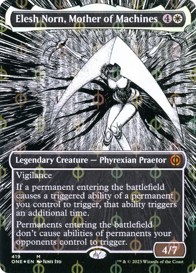 Elesh Norn, Mother of Machines (Borderless Manga Step-and-Compleat Foil) [Phyrexia: All Will Be One] | Gam3 Escape