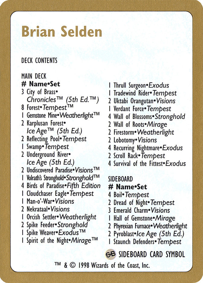 Brian Selden Decklist [World Championship Decks 1998] | Gam3 Escape