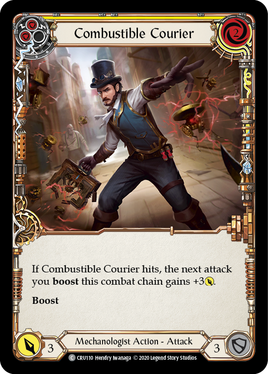 Combustible Courier (Yellow) [CRU110] 1st Edition Rainbow Foil | Gam3 Escape