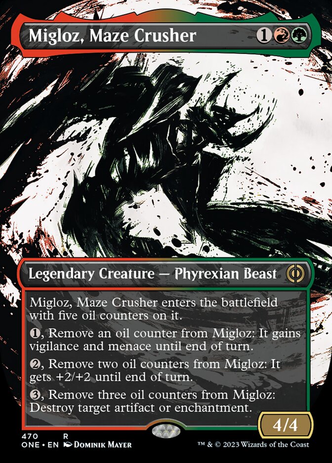 Migloz, Maze Crusher (Borderless Ichor Step-and-Compleat Foil) [Phyrexia: All Will Be One] | Gam3 Escape
